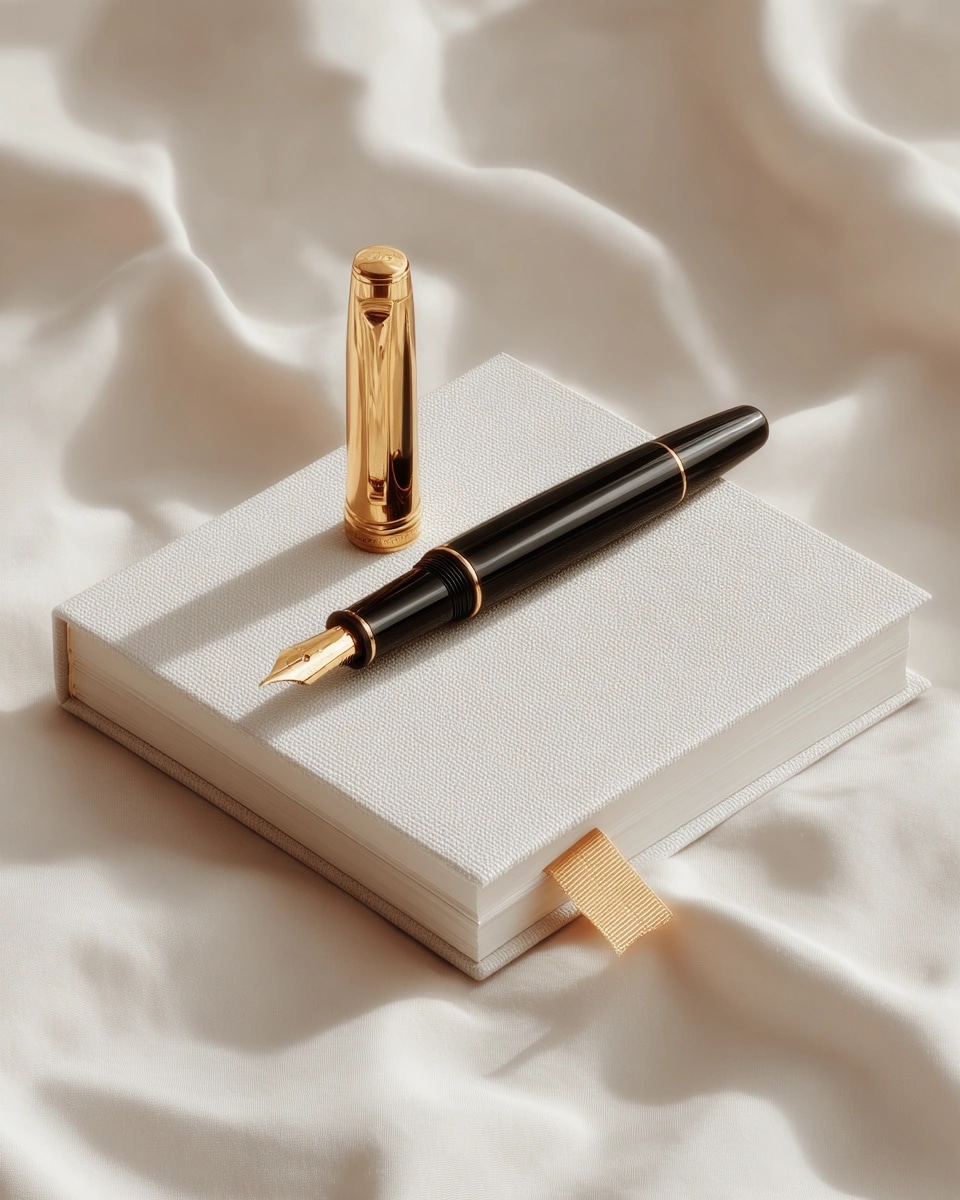 Goldener Stift auf weißem Notizbuch mit feinen Linien — Symbol für das Briefing.
