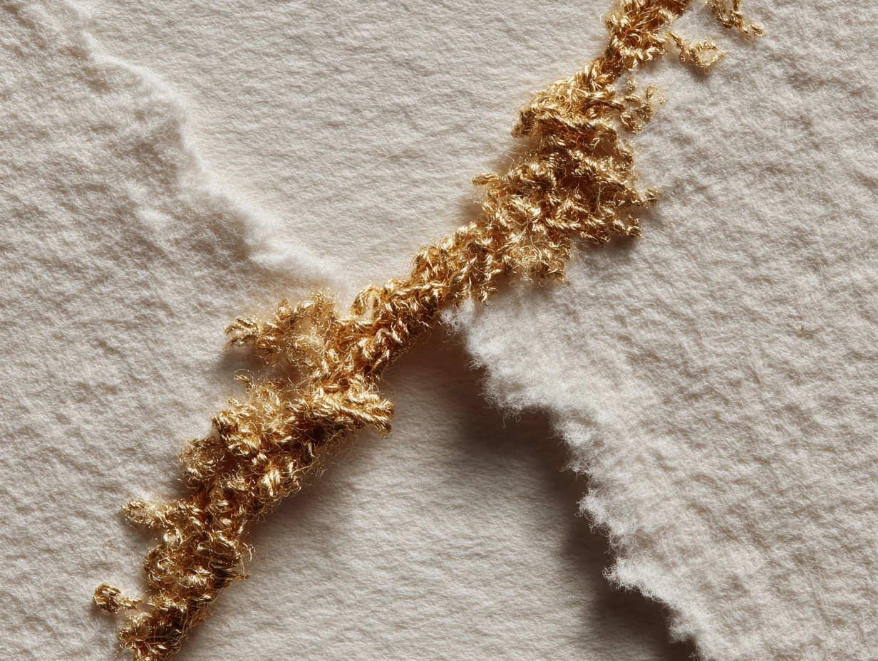 Goldfaden hält zerrissenes weißes Papier zusammen — Symbol für DSGVO-Reparatur durch Seitengold.
